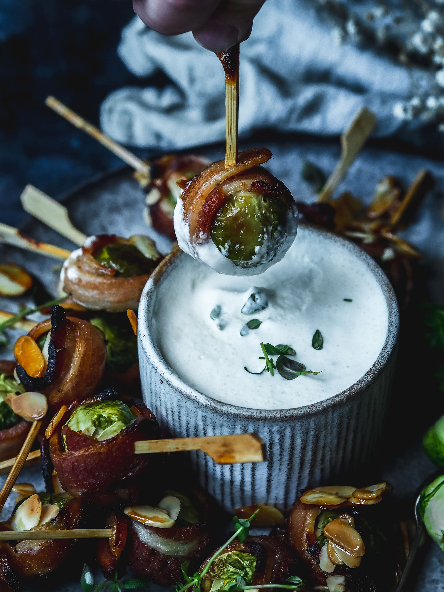Fodder Farm Shop & Cafe Brussel sprouts wrapped in pancetta with creamy smokey diprecip re