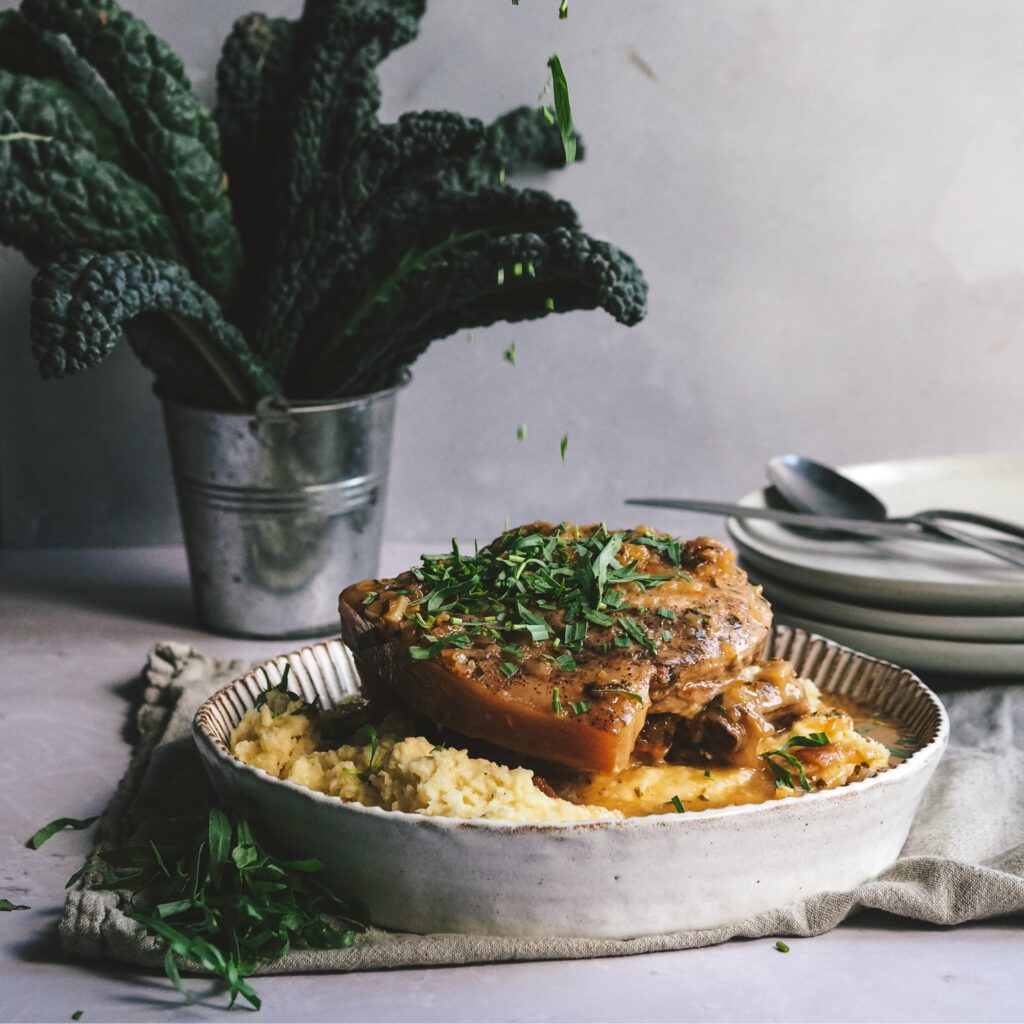 Pork Chops in a Sticky Cider, Bramley Apple and Tarragon Sauce with Parsnip Mash - Fodder