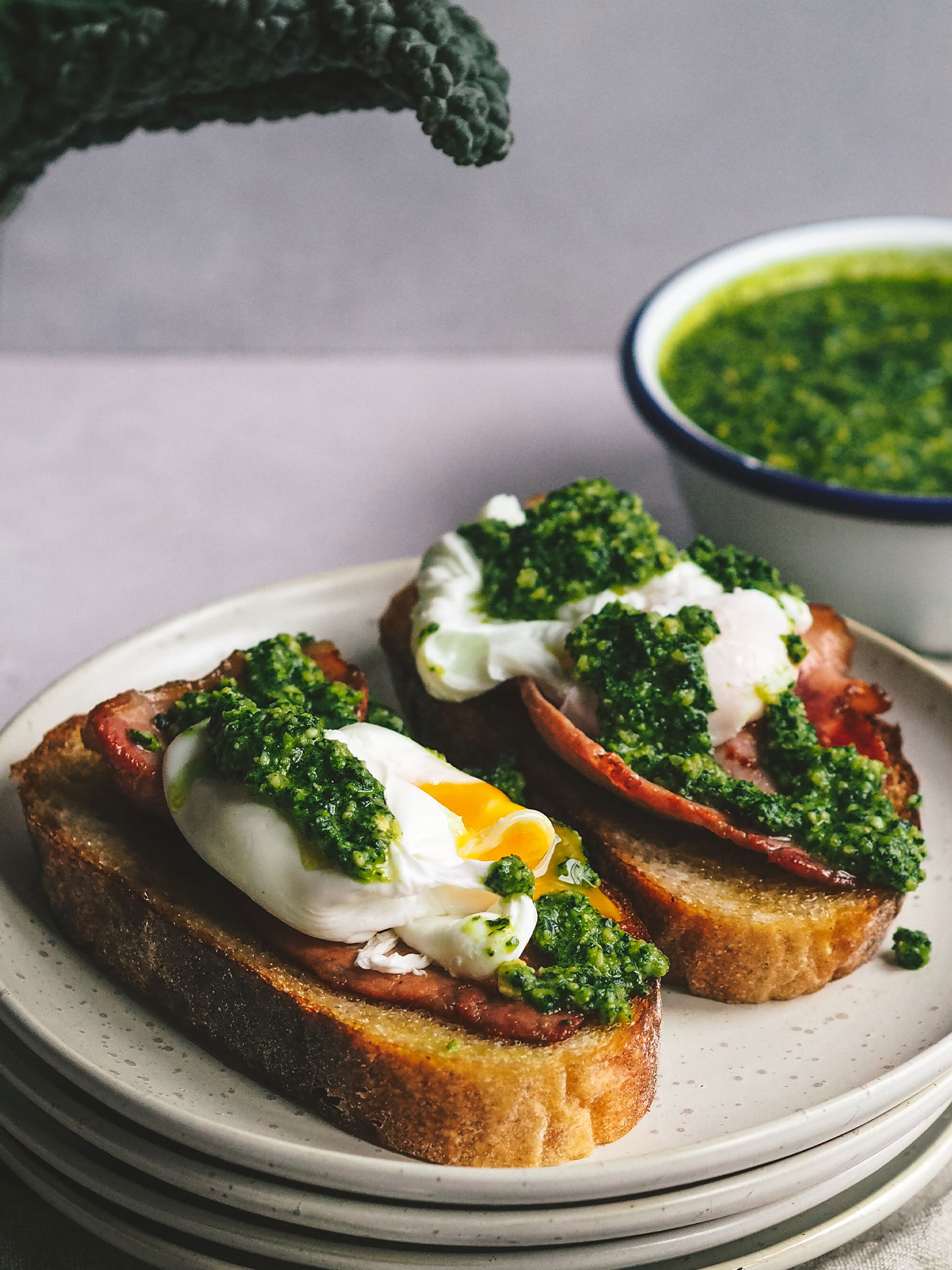 Smoked Bacon and Poached Egg Open Toastie with Cavolo Nero and Basil Pesto