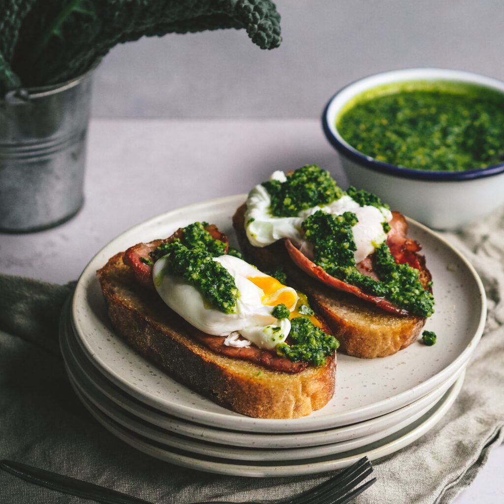 Smoked Bacon and Poached Egg Open Toastie with Cavolo Nero and Basil Pesto - Fodder