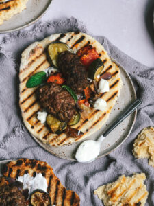 Lamb Koftas with Yoghurt Flatbreads and Roasted Vegetables Recipe from Fodder Farm Shop