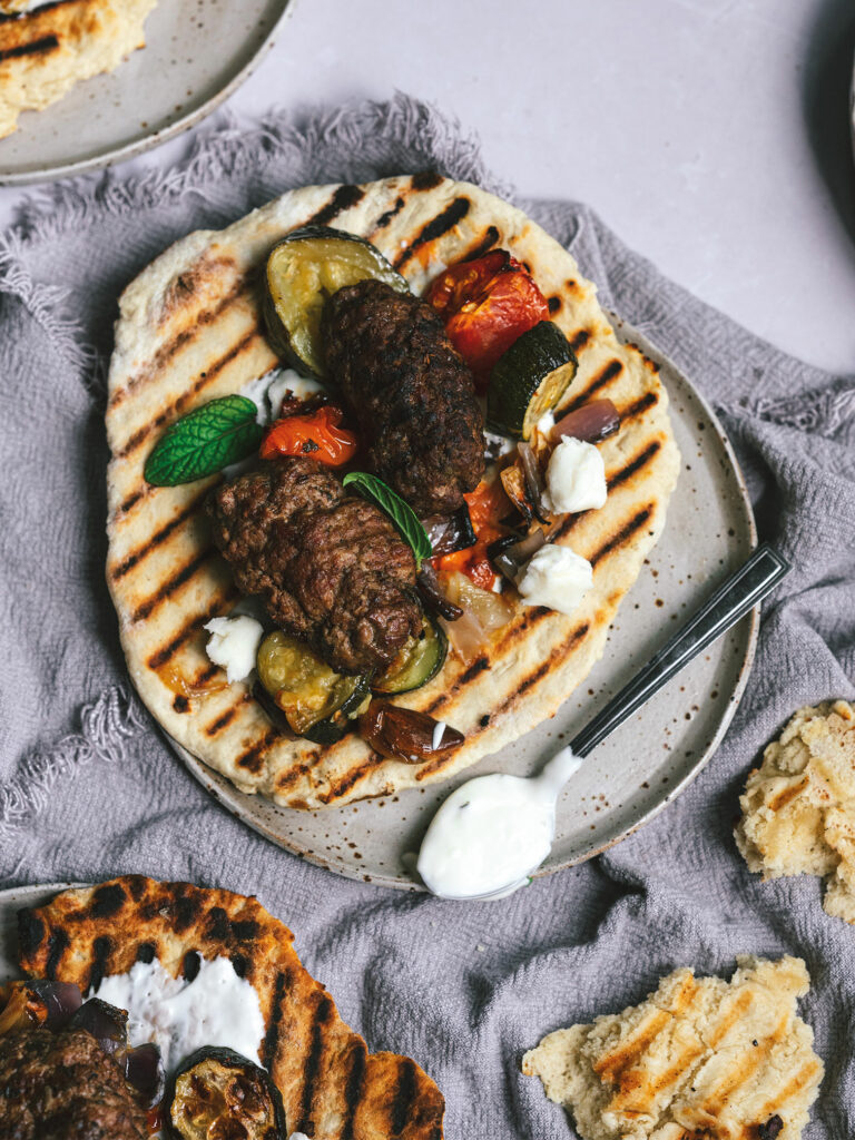 Lamb Koftas with Yoghurt Flatbreads and Roasted Vegetables Recipe from Fodder Farm Shop
