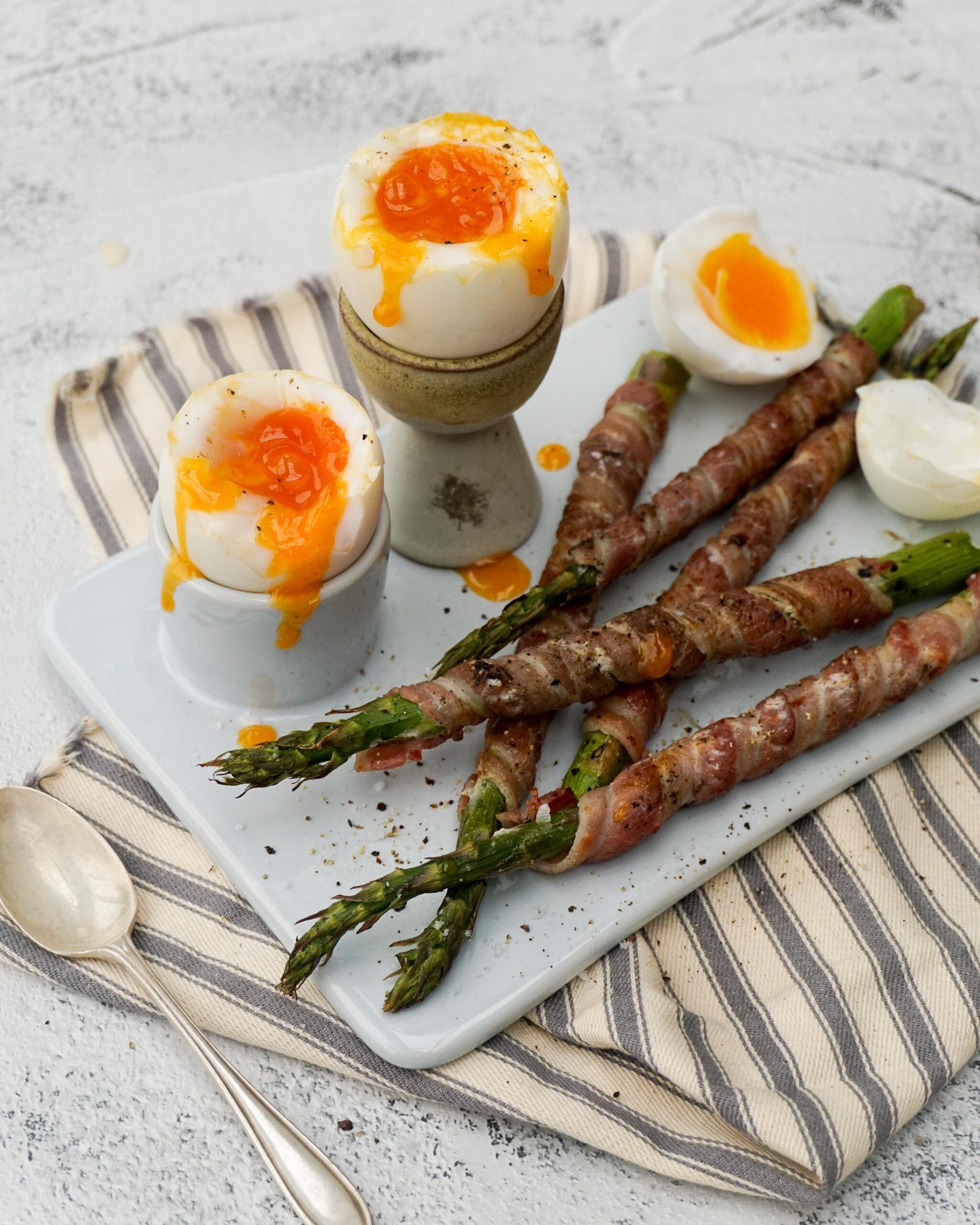 Soft Boiled Eggs with Bacon Wrapped Asparagus Dippers