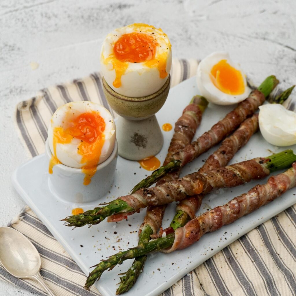 Soft Boiled Eggs with Bacon Wrapped Asparagus Dippers - Fodder